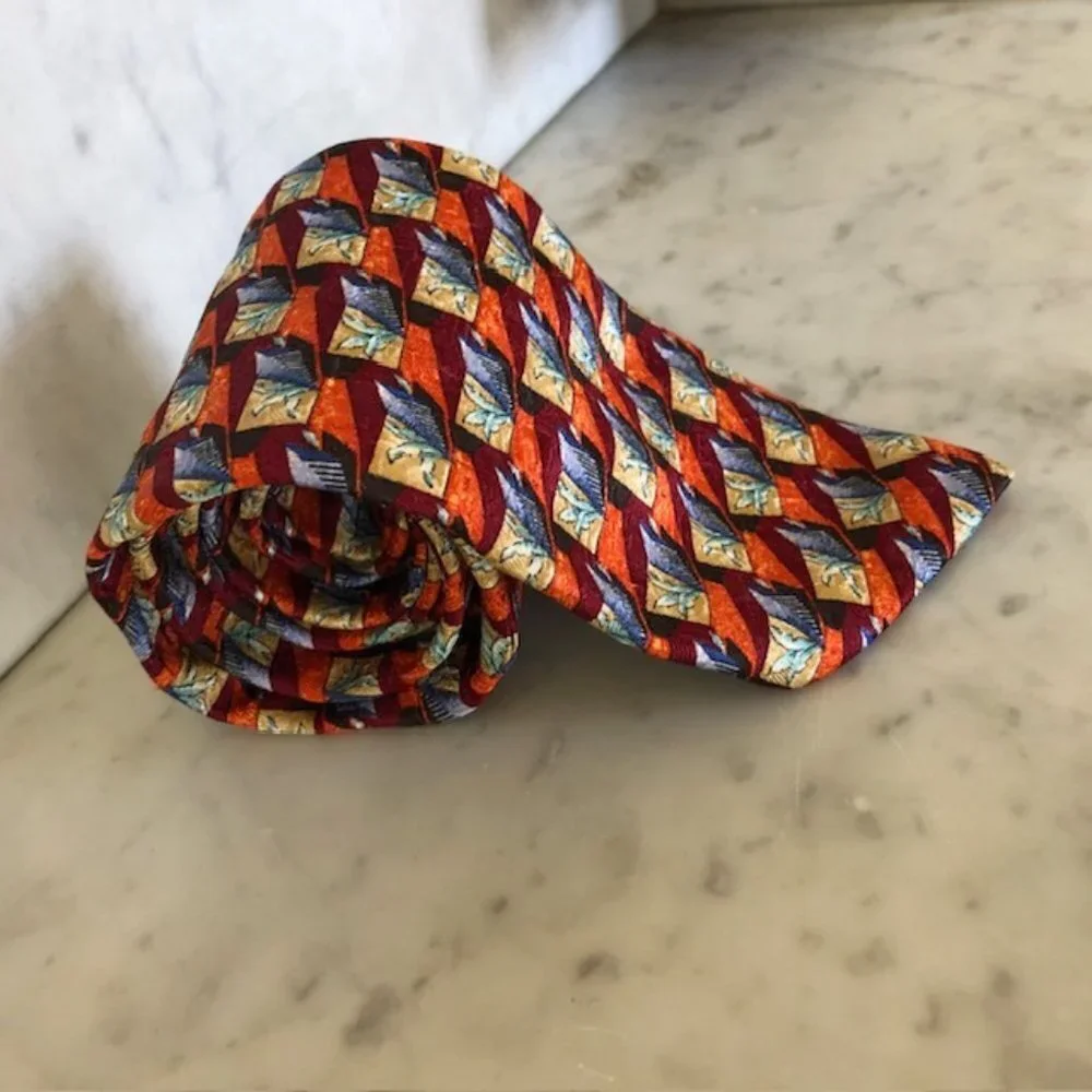 ERMENEGILDO ZEGNA Silk Leaf Geo Block Orange Blue Red Tie - Picture 6 of 15